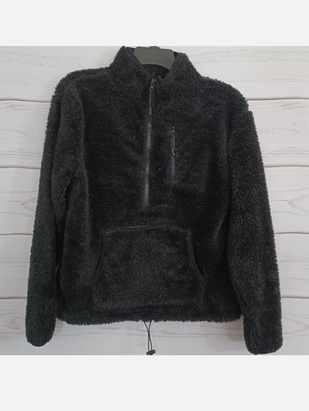 NOBO Black Sherpa Fuzzy Winter Partial Zip Pullover Sweater With Pockets Top